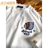 凌卡戚美式復(fù)古重磅短袖t恤男刺繡寬松百搭純棉上衣服夏季潮流體恤潮流 米白色 L 建議115-145斤