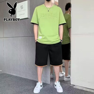 花花公子（PLAYBOY）男士純棉短袖t恤套裝夏季寬松半袖體恤2025新款圓領(lǐng)上衣男 H35+65果綠色 2XL 建議135~155