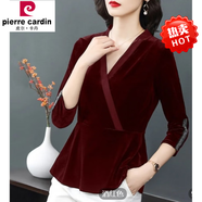 皮爾卡丹（pierre cardin）長袖v領(lǐng)打底衫女2025春新款金絲絨修身上衣網(wǎng)紗拼接T恤衫時尚氣質(zhì) 酒紅色 3XL _建議140-155斤