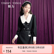 糖力【商場同款】秋新款長袖撞色翻領(lǐng)復(fù)古宮廷風(fēng)西裝連衣裙女 黑色 M