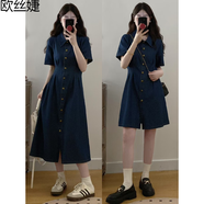 歐絲婕（OUSIJIE）大碼女裝胖mm夏季新款復(fù)古寬松牛仔排扣捏褶收腰顯瘦連衣裙女 長款 2XL 【130-150斤】