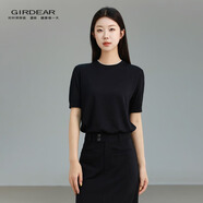 哥弟（GIRDEAR）女裝老錢風(fēng)上衣百搭純色顯瘦圓領(lǐng)舒適休閑短袖針織衫138010 黑色 S