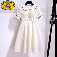 G.DUCKKIDS女童連衣裙短袖夏季薄款洋氣蕾絲娃娃領(lǐng)公主裙中大童雪紡裙子長(cháng)裙 米白色 120 cm