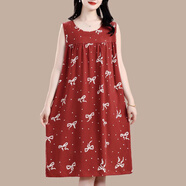 暢印夏季新款棉綢睡裙女無(wú)袖大碼中長(cháng)款人造棉連衣裙媽媽裝洋氣家居服 紅色蝴蝶結 3XL 建議120-140斤