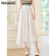 品彩（PinCai）半身裙女復古斜紋拼接蕾絲半身裙顯瘦網(wǎng)紗A字蛋糕長(cháng)裙P52B107
