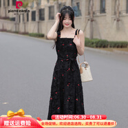 皮爾卡丹收腰顯瘦碎花無袖打底裙吊帶裙2025春夏連衣裙女中長款森系小清新 黑色 裙子 S 建議85-98斤