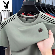 花花公子（PLAYBOY）高端純棉短袖t恤男士夏季薄款寬松百搭休閑大碼體恤半袖上衣男裝 883淺綠 M 推薦100-120斤穿