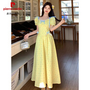 皮爾卡丹（pierre cardin）法式甜美多巴胺波點(diǎn)連衣裙女夏季大碼胖m收腰顯瘦泡泡袖a字裙子 黃色長款 4XL 【175-200斤】