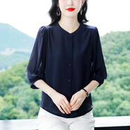 棉致杭州高端大牌真絲襯衫女士七分袖小衫夏季新款時尚洋氣桑蠶絲上衣 深藍色 L 【105-115斤】
