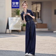 羅蒙時(shí)尚深藍(lán)色牛仔連衣褲女2025夏季新款顯瘦減齡大方得體連體闊腿褲 深藍(lán)色 L