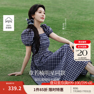 茵曼（INMAN）章若楠同款法式方領格紋連衣裙2025夏季新品女裝泡泡袖裙子 藏青 M