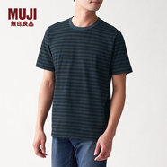 無印良品 MUJI 男式 印度棉天竺編織 條紋短袖T恤 黑色X橫條 L