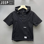 JEEP SPIRIT吉普夏季新款短袖男韓版修身潮流拼接連帽工裝大兜系扣靜色T恤半 黑色 M 100斤以下