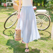 歌依妮夏季新款女裝甜美蕾絲藍白條紋百褶裙高腰裙半身長(cháng)裙半身裙 藍白格紋 S