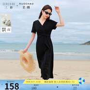 三彩若潮大碼女裝2025夏季新款交叉綁帶小黑裙連衣裙V領(lǐng)短袖胖MM 經(jīng)典黑 L 165/92B