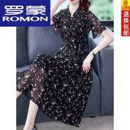 羅蒙（ROMON）連衣裙女真絲裙子新款25年春夏裝碎花大尺碼減齡桑蠶絲連衣裙子女 黑色短/袖 XL 【建議105--120斤】
