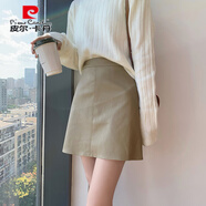 皮爾卡丹2025年高腰包臀皮裙女秋冬季黑色小皮裙休閑顯瘦半身裙a字pu裙子 卡其 XL