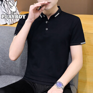 花花公子（PLAYBOY）短袖t恤男夏季翻領保羅polo體恤衫休閑爸爸男裝冰感上衣服 153黑色 4XL （建議165-185斤）
