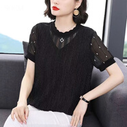 SOEM中年媽媽裝氣質(zhì)減齡短袖蕾絲衫女夏裝新款韓版寬松遮肚子上衣小衫 黑色 M 90-100斤以下