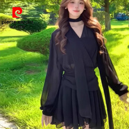 皮爾卡丹（pierre cardin）大碼黑色V領(lǐng)長(cháng)袖襯衫連衣裙女春夏氣質(zhì)性感收腰顯瘦雪紡包臀短裙 黑色 M 【95-105】