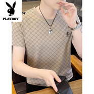 花花公子（PLAYBOY）短袖T恤男夏季潮牌圓領(lǐng)體恤衫男裝薄冰絲棉半截袖上衣服t父親節(jié) 卡其色 XL