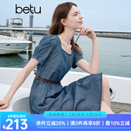 百圖betu女裝2025夏季新款短袖連衣裙泡泡袖撞色皮腰帶牛仔裙2505T76 深牛仔藍(lán) XS