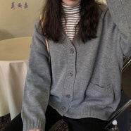 美安嘉慵懶風(fēng)針織衫開衫外套v領(lǐng)上衣女寬松毛衣披肩外搭純色大口袋外穿 灰色 S