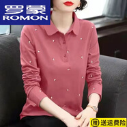 羅蒙（ROMON）23年新款春季純棉長袖女秋衣秋老媽裝寬松遮肚翻領(lǐng)POLO衫t恤百搭 胭脂色 3XL 【建議135-150】