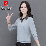 皮爾卡丹（pierre cardin）輕奢高檔翻領(lǐng)長袖t恤女春秋中年款襯衫假兩件時尚秋衣打底衫上衣T 灰色 M 80-90斤穿
