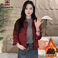AEMAPE時(shí)尚減齡牛仔短外套女2025春秋新款顯瘦時(shí)髦中老年媽媽裝夾克上衣 酒紅色加絨 加絨 M