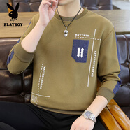 花花公子（PLAYBOY）衛(wèi)衣男春秋季潮流圓領長袖t恤新款時尚中青年體恤休閑小衫外套 333卡其 M