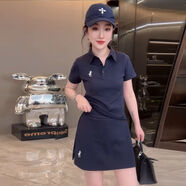 夏季新款polo領(lǐng)刺繡品質(zhì)顯瘦收腰減齡套裝女短袖褲衩裙百搭兩件套 深藍色 L 體重【80-105】