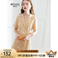 Olrain歐芮兒女裝格子連衣裙中長(zhǎng)款西裝領(lǐng)雪紡女法式復(fù)古裙赫本風(fēng)桔梗裙 黃格 S 155/80A