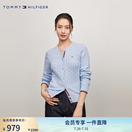 TOMMY HILFIGER【復(fù)古絞花】春秋季女裝純棉肌理感圓領(lǐng)內(nèi)搭打底衫開(kāi)衫針織衫毛衣 【撞色絞花開(kāi)襟】-  天藍(lán)色C1O S （推薦：100-110斤）