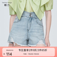 糖力【商場(chǎng)同款】淺藍(lán)色雙腰節(jié)顯瘦流蘇磨破闊腿牛仔短褲女夏季 淺牛仔藍(lán)色 S