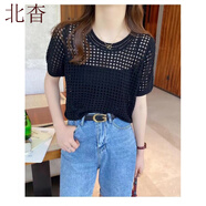 北杳鏤空套頭針織衫女短袖裝夏季薄款設(shè)計(jì)感小眾別致獨(dú)特寬松罩衫上 黑色+白吊帶 M 100-110斤