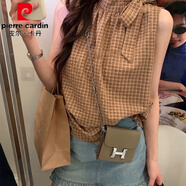 皮爾卡丹2025夏季法式復古設計感小眾格子襯衫女蝴蝶結無(wú)袖背心寬松上衣女 咖色 S (80-90)