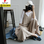 皮爾卡丹夏裝韓版闊腿連體褲裙大碼棉麻吊帶褲休閑學(xué)生九分寬松亞麻背帶褲 米色 L