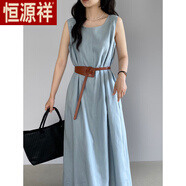 恒源祥（HYX）亞麻天絲無(wú)袖連衣裙長(cháng)裙感休閑背心裙小個(gè)子女裝 藍色（配皮帶） S