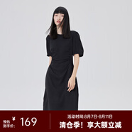艾萊依（ERAL）商場同款連衣裙女夏季新款法式時(shí)尚顯瘦碎花清新印花泡泡袖連衣裙 炭黑 S 155/80A
