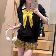 SKYHEART制服套裝正版春秋日系格子裙短裙校供感百褶裙半身裙 精品向日葵39CM+黃領(lǐng)結(jié)+收腰短袖 XS 【體重65-75斤】