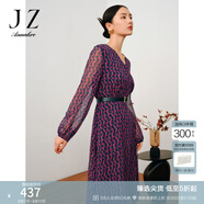 玖姿·安娜蔻V領輕熟波普風X型雪紡印花長款連衣裙女秋款 花紫紅 2XL