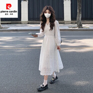 皮爾卡丹（pierre cardin）高端精致法式白色蕾絲刺繡V領(lǐng)連衣裙女秋冬季小個(gè)子收腰內(nèi)搭裙子 白色連衣裙  【初秋/秋裝/秋季/秋款/春秋/秋冬 S