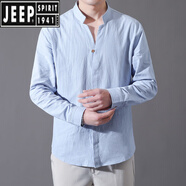 JEEP SPIRIT純|棉男土長(zhǎng)袖t恤夏季薄款透氣棉麻襯衫中國(guó)風(fēng)男士戶(hù)外防曬工作服 8K01袖長(zhǎng)藍(lán)色 M (80-100斤)