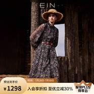 EIN言浪漫碎花印花蕾絲翻領(lǐng)長燈籠袖文藝雪紡連衣裙2025夏季新款 石墨黑 L