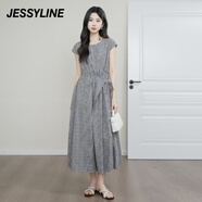Jessy line杰茜萊2025夏新款黑白色格子收腰顯瘦高級感連衣長(cháng)裙女 格子 S