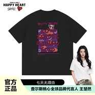 查爾斯桃心  潮牌T恤男女同款可愛卡通純棉學(xué)生情侶裝打底衫短袖 黑色 XL 