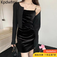 Kpdwfms絲絨吊帶短裙新款小黑裙子性感修身小個子打底連衣裙女春款 大氣黑兩套裝專柜正品 S胸圍81cm建議85斤/95斤 均碼