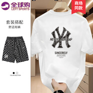 LEFT SPORTS品牌聯(lián)名圓領(lǐng)t恤夏季青少年運(yùn)動短袖印花潮流套裝男休閑寬松體恤 白色H+8515黑色B(褲大一碼) XL (建議體重155-175斤)