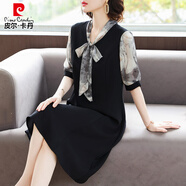 皮爾卡丹（pierre cardin）中年媽媽夏季短袖雪紡連衣裙2025新款40歲中老年女中長(zhǎng)款遮肚裙子 灰色 2XL (建議115-125斤)